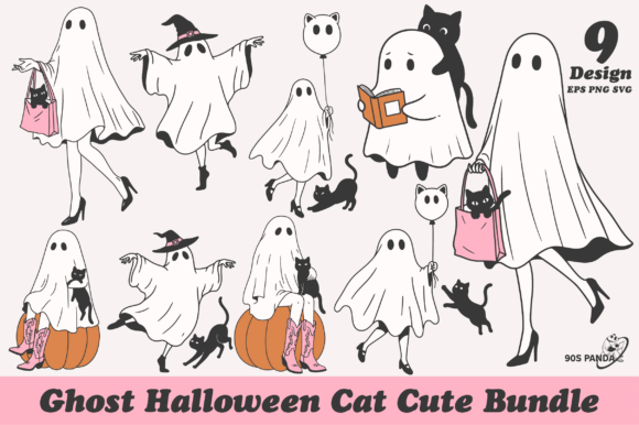 Ghost Halloween Cat Cute Bundle Graphics for Crafts